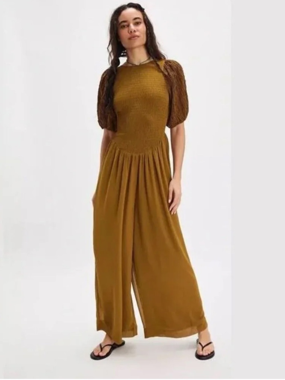 1019.FREE PEOPLE Temperley Puff Sleeve
Jumpsuit in Calvary Olive  Sz L NWOT $228